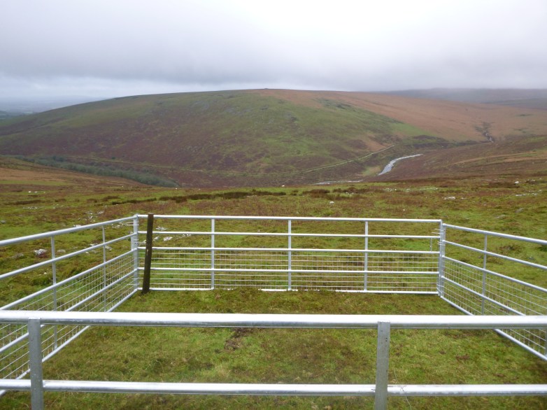 An exclusion plot made up of four metal gates tied together in a square, above the river Erme on a misty day