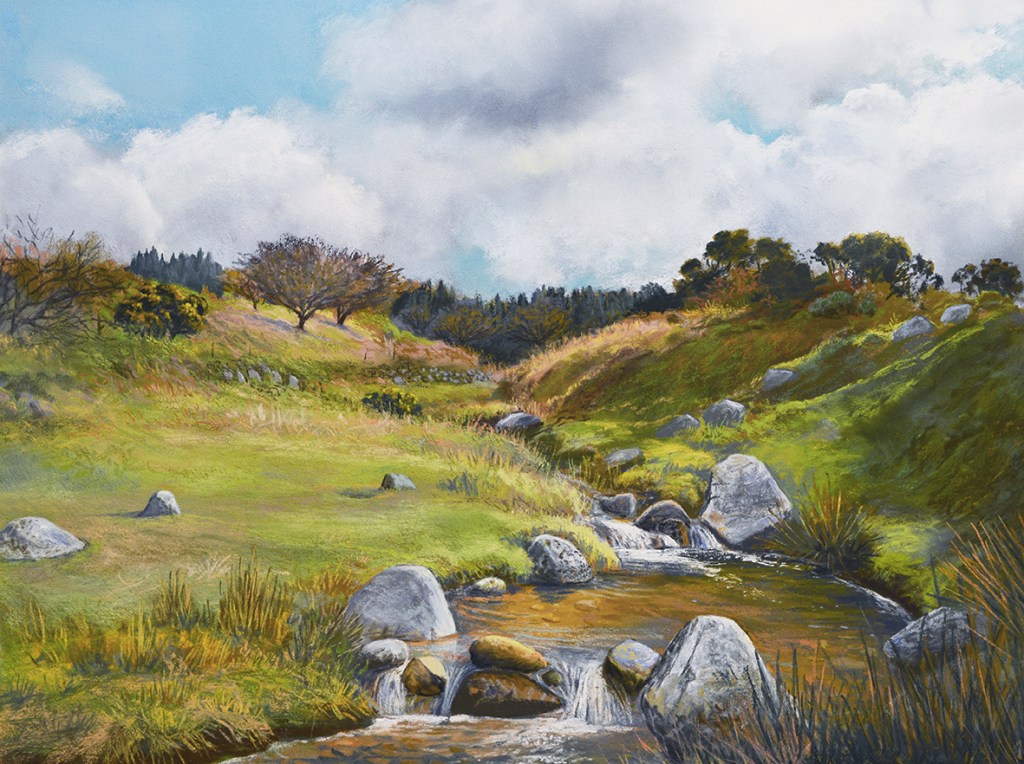 A pastel drawing of a stream flowing over rocks from a forest. To either side of the stream are rocks, grass and bushes.