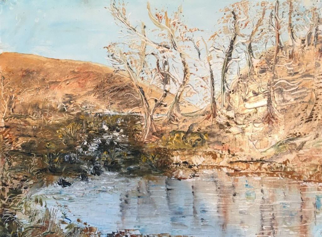 An oil painting of bare trees above a Dartmoor stream, in the pale gold colours of winter