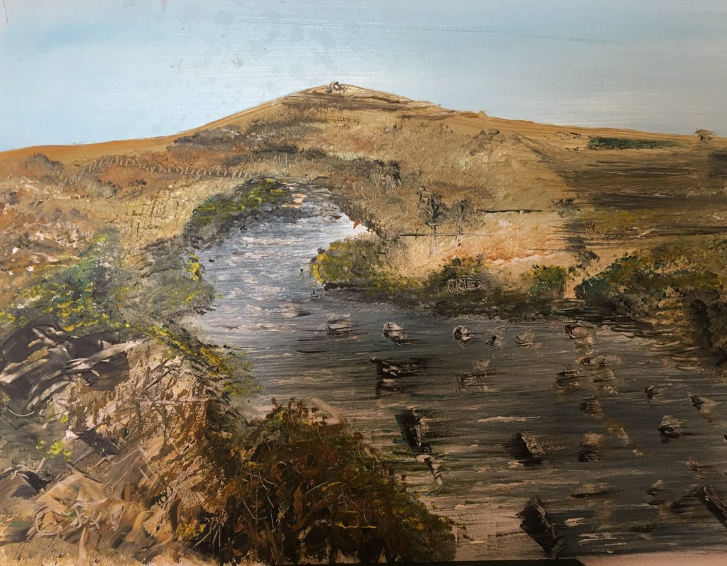 An oil painting of a river flowing down from a tor