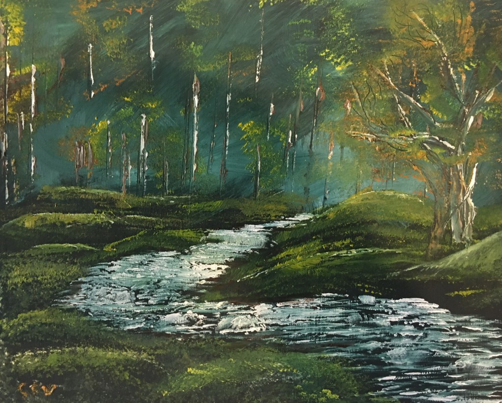 An oil painting of a river flowing through a dark green wood