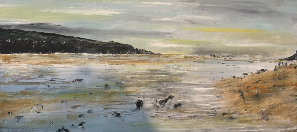 An oil painting of the Erme estuary with wide expanses of wet sand reflecting the light